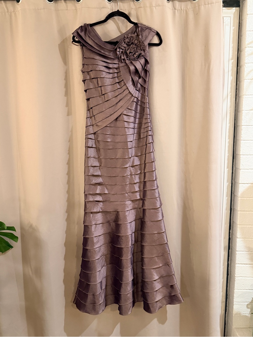 Cachet Elegant Taupe Pleated Evening Dress with Floral Accent